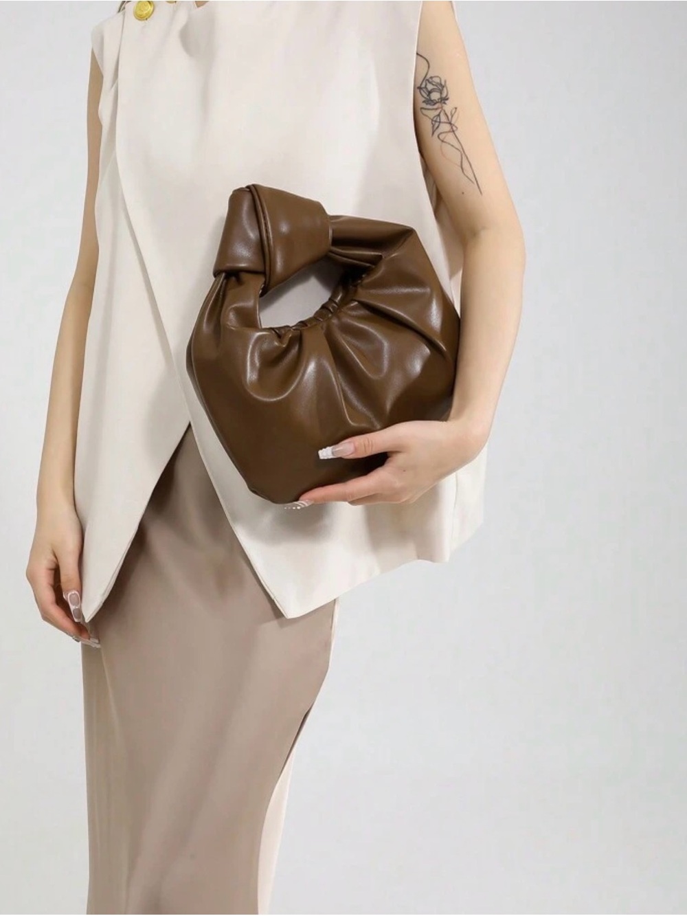 Brown Knotted Soft Leather Handbag - Women